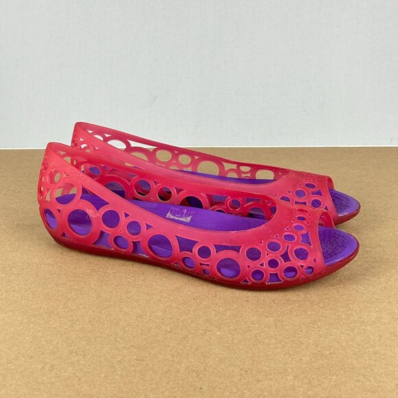Crocs Adrina Jelly Ballet Flats Junior Girls 6 Pink Purple Circles Slip On Open - Picture 3 of 10